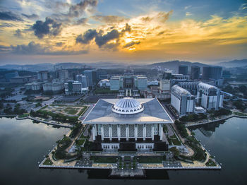 High angle view of tuanku mizan zainal abidin mosque against sky during sunset in city