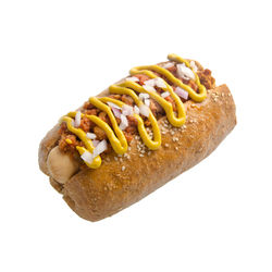 Close-up of hot dog against white background
