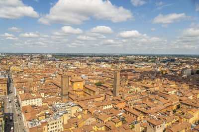 Aerial view of bologna with the beautiful maggiore square and the tower