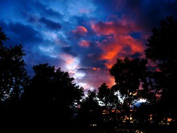 Low angle view of silhouette trees against sky at sunset