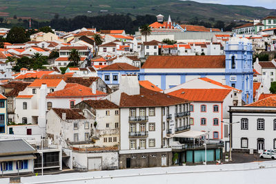 High angle view of houses in town