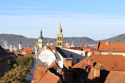 High angle view of buildings against sky