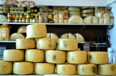 Close-up of cheese on food market 