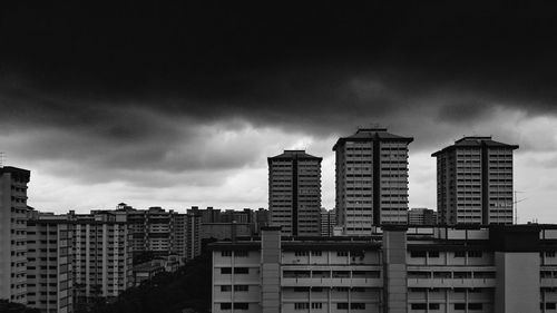 Low angle view of buildings against cloudy sky