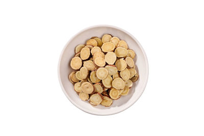 High angle view of peanuts in bowl against white background
