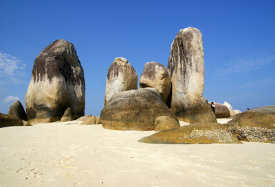 Low angle view of rocks against clear blue sky