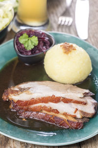 Close-up of food in plate on table