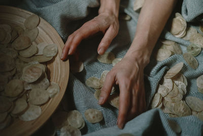 Midsection of man holding hands