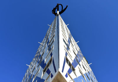 Low angle view of modern building against clear blue sky