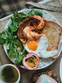 High angle view of breakfast served on table