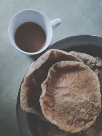 High angle view of breakfast on table