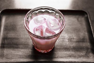 High angle view of ice cream in glass on table