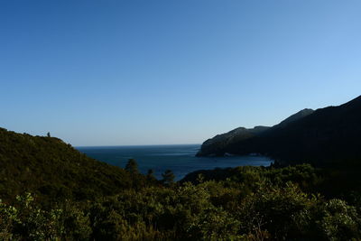 Scenic view of sea and mountains against clear blue sky