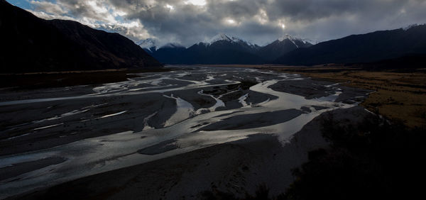 Scenic view of mountains against cloudy sky