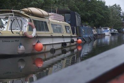 Boats moored on river