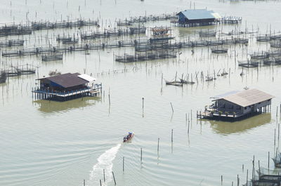 High angle view of boats sailing in sea