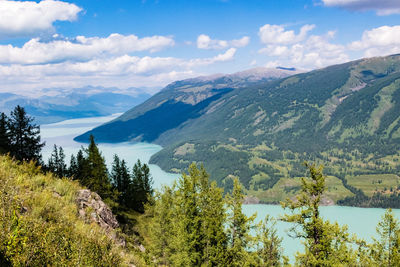 High angle view of lake next to mountains