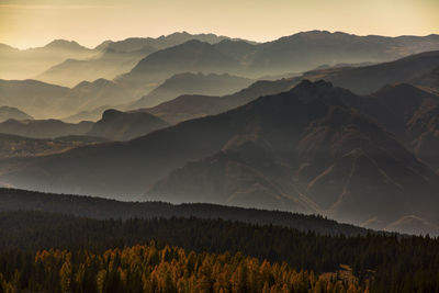 Scenic view of mountains against sky at sunset