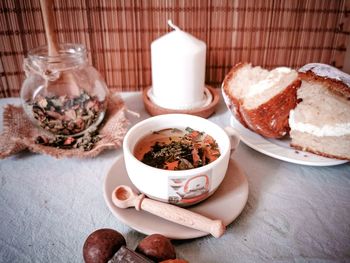 Close-up of breakfast served on table