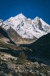Scenic view of snowcapped mountains against clear sky