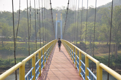 Rear view of man walking on footbridge in forest