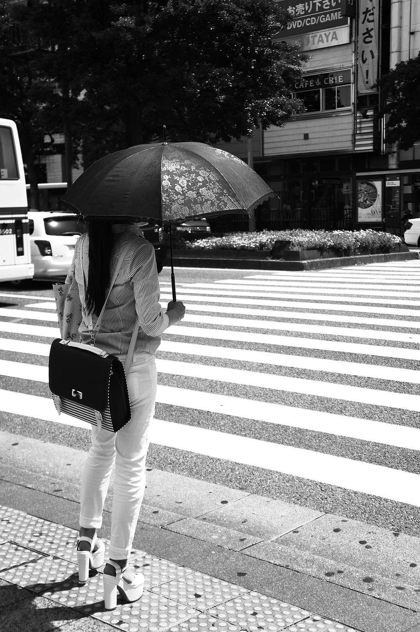 lifestyles, full length, leisure activity, casual clothing, street, rear view, person, walking, city, building exterior, city life, built structure, men, sidewalk, standing, architecture, outdoors, umbrella