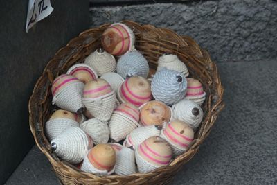 High angle view of eggs in basket