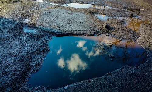 Reflection of clouds in puddle