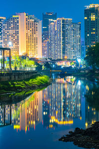 The view night cityscape around waduk kebon melati. jakarta, indonesia. long exposure.