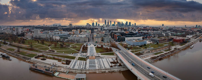 Panoramic aerial view of the modern skyscrapers and business center in warsaw.