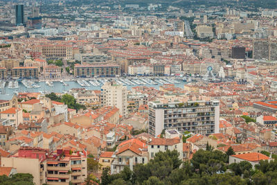 High angle view of buildings in city