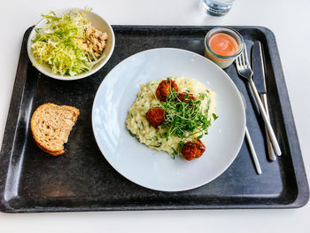 High angle view of food served on table