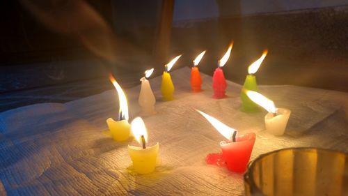 Close-up of illuminated candles on table