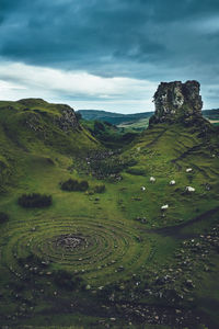 Scenic view of landscape and mountains against cloudy sky