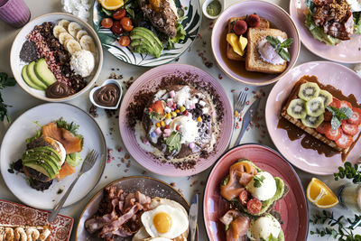 Lunch. family breakfast or brunch served on a table. aerial view.