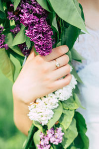 Midsection of woman holding purple flowering plant