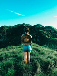 Rear view of man looking at mountain against sky