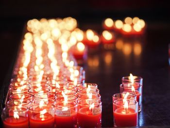 Close-up of lit tea light candles