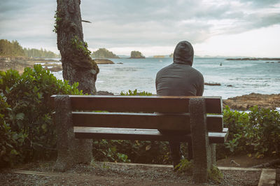 Rear view of man sitting on bench by sea against sky