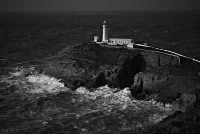 High angle view of lighthouse during stormy weather 