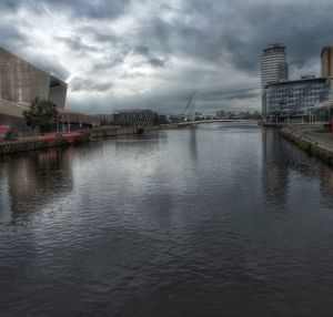 River in city against cloudy sky