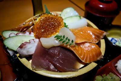 Close-up of food served on table