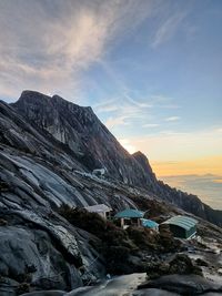 Scenic view of mountains against sky during sunset