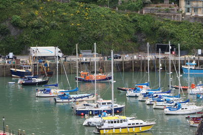 High angle view of boats in river