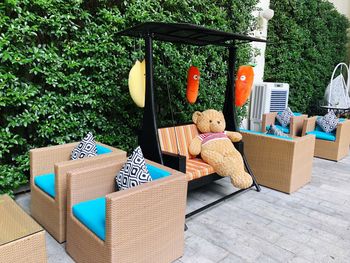 Teddy bear on swing with chairs arranged in yard