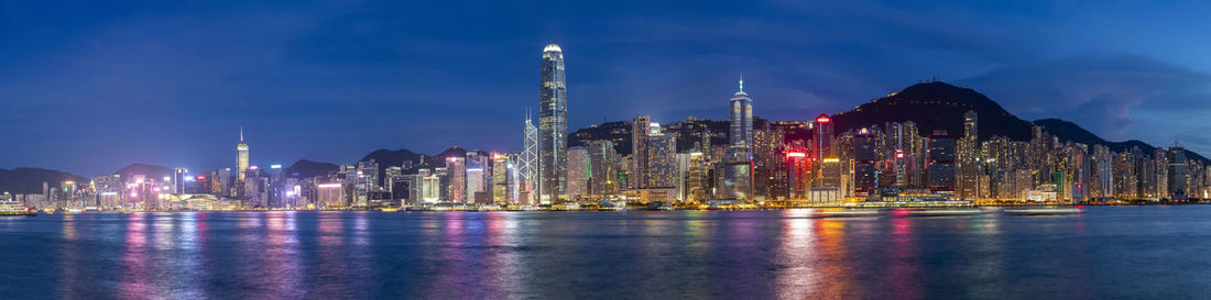 Illuminated buildings at waterfront