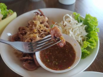 High angle view of meal served on table