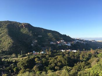 Scenic view of trees and mountains against clear sky