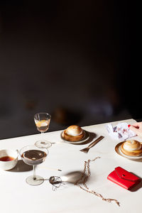 High angle view of wine glasses on table