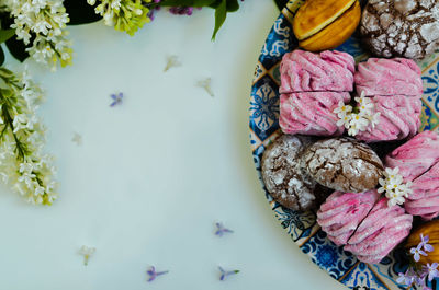 High angle view of pink flowers on table